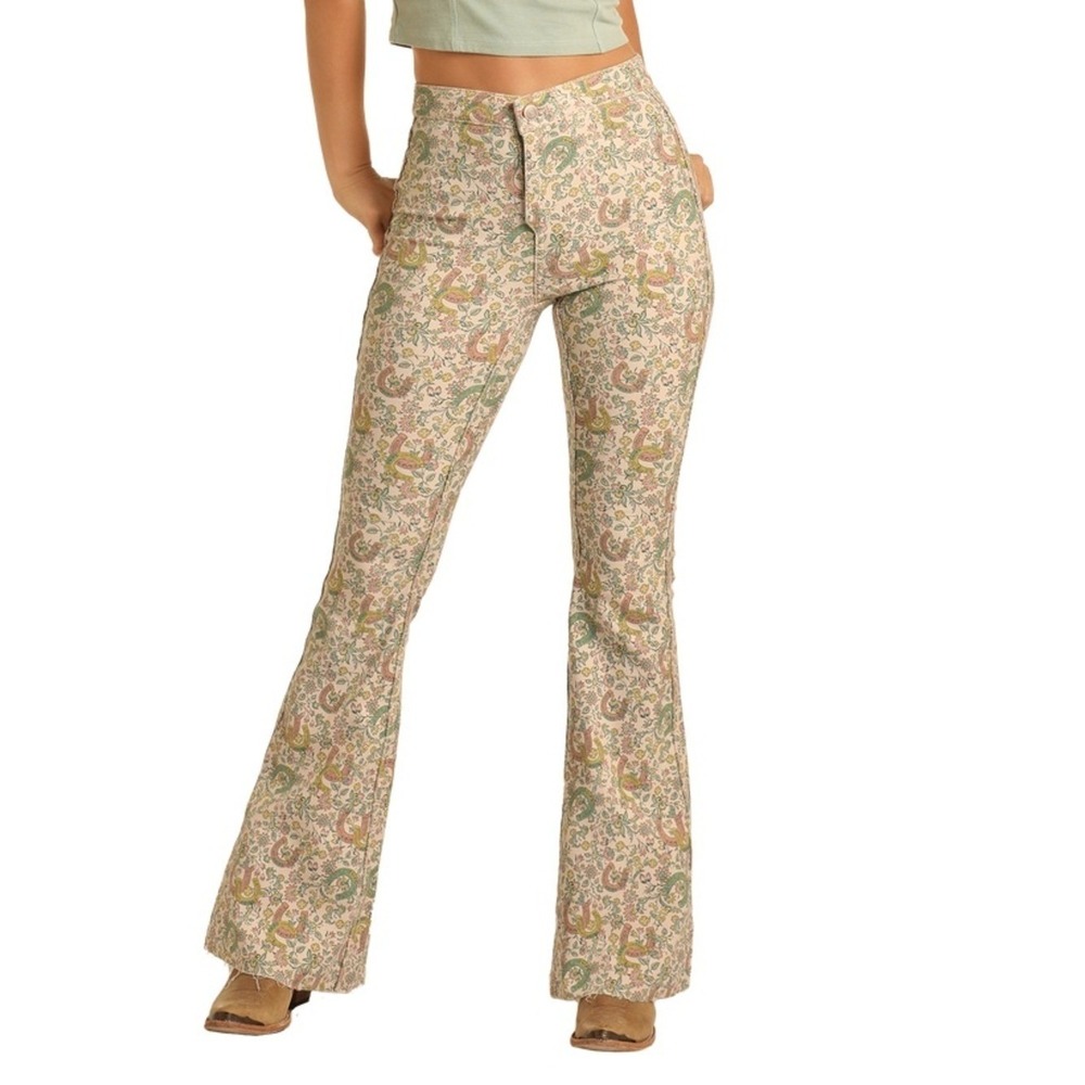 Rock & Roll Cowgirl Denim Reversible Floral Paisley & Off White Flare Jeans 28